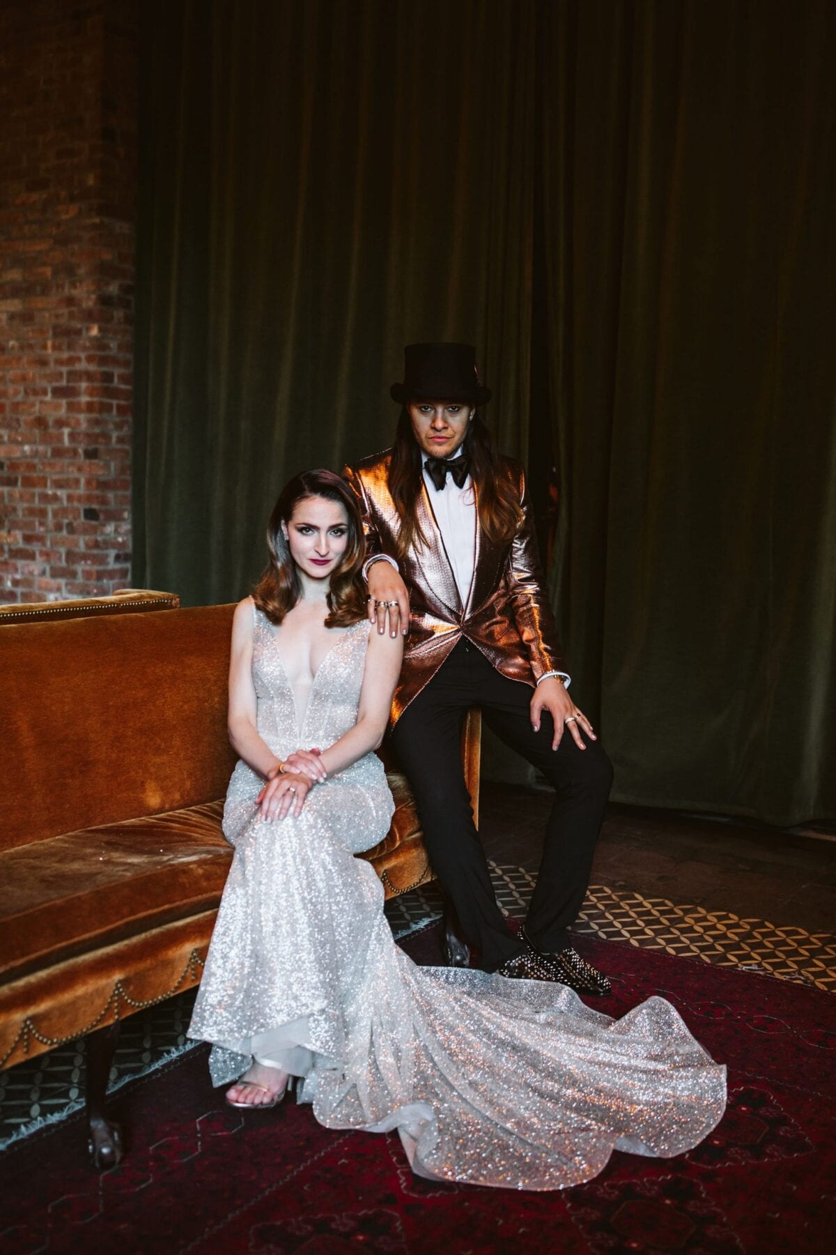 Bride Alexandra (Vita Thorne) and groom Mitchell (January Jane) at the Bowery Hotel wedding