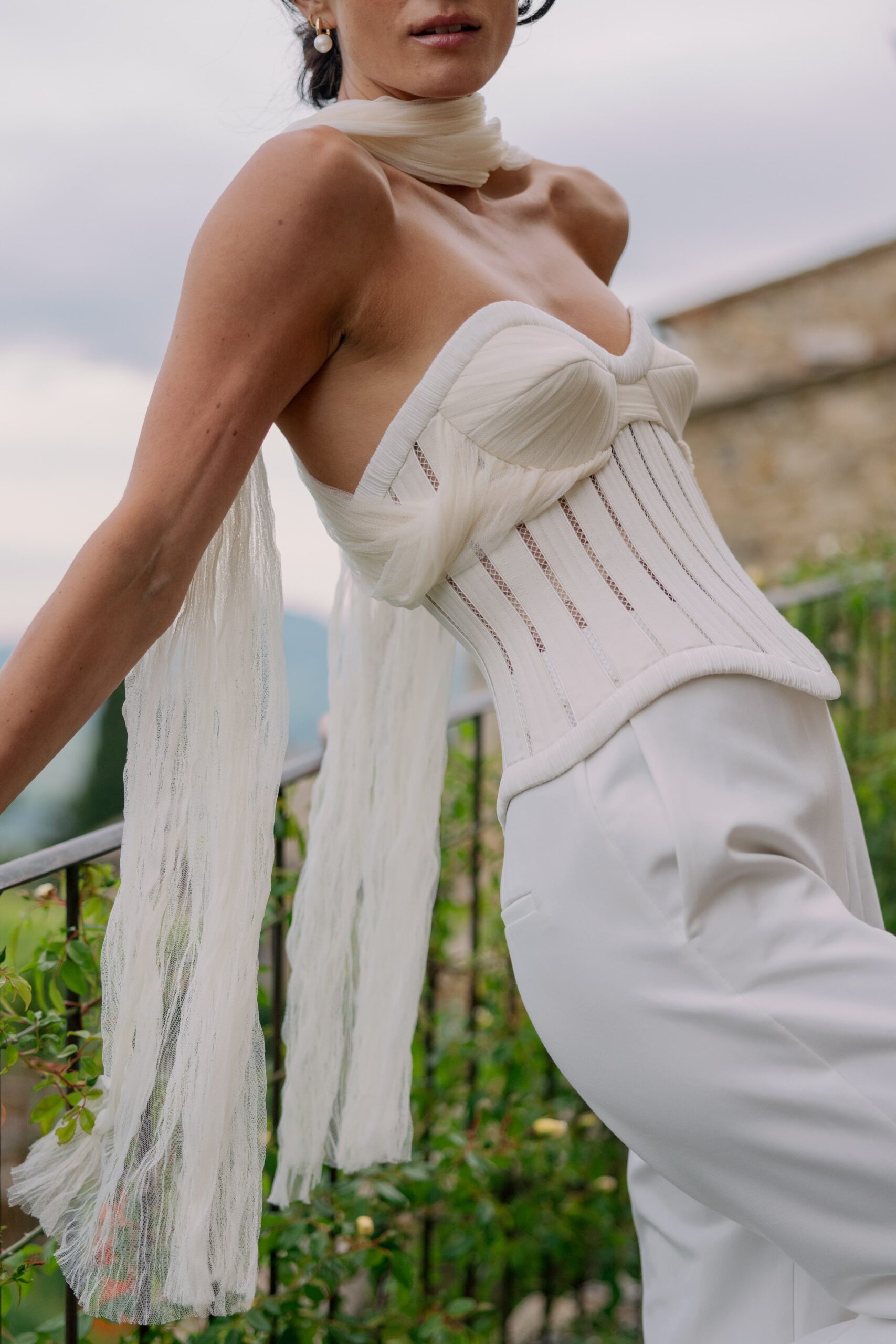 Bride wore Danielle Frankel bustier top for her Italian Welcome Dinner